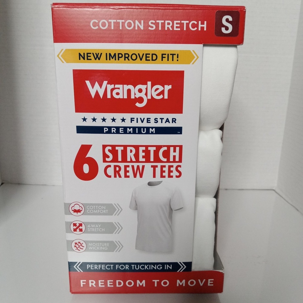 6-Pack Wrangler Crew Tees Men's Size S Small White T-shirt Stretch Cotton‎